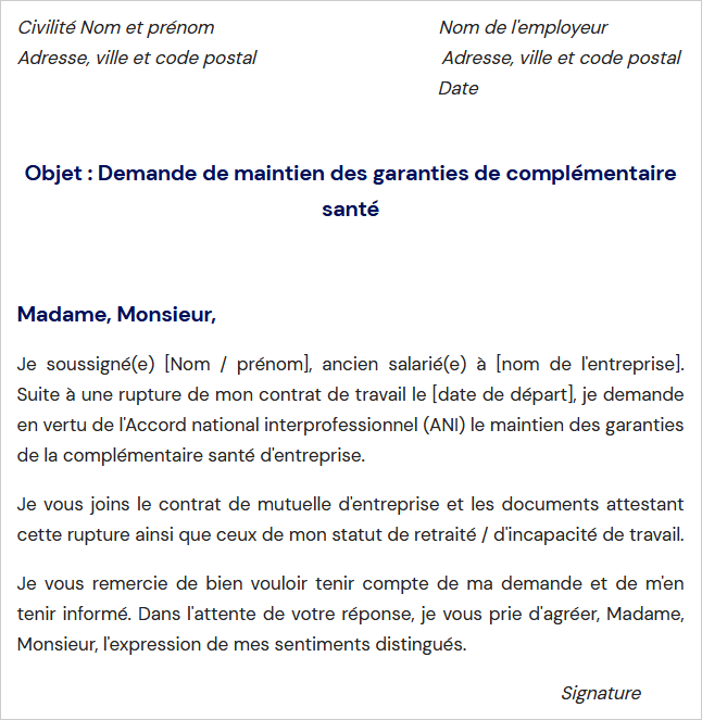 Demande de maintien des garanties de complémentaire santé