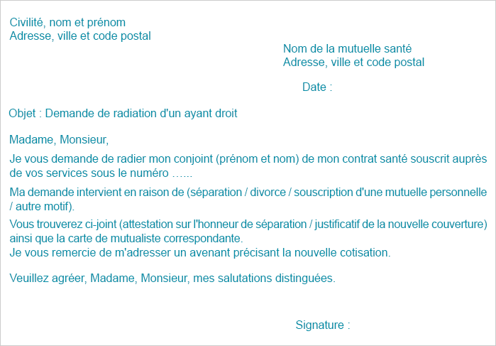 Lettre demande radiation d'un ayant droit de sa mutuelle Lettre demande radiation d'un ayant droit de sa mutuelle