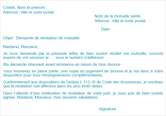 Lettre demande résiliation radition mutuelle conjoint